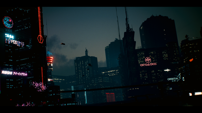 Cyberpunk 2077 futuristic city skyline at night