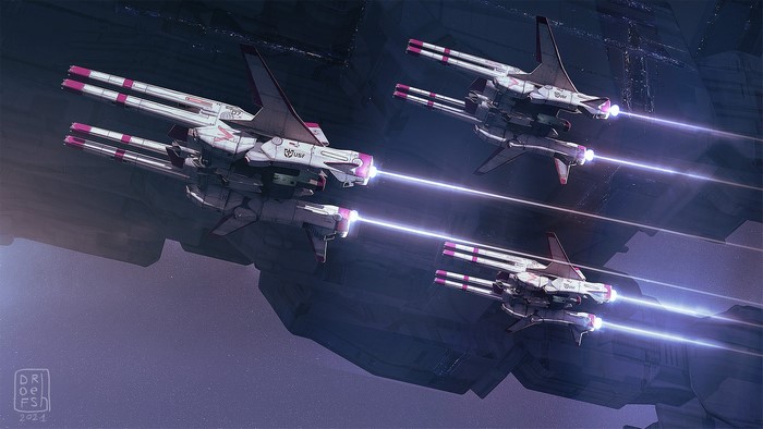 Spaceships firing lasers from a large vessel