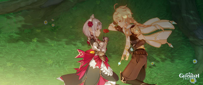 Noelle and Aether from Genshin Impact with a rose