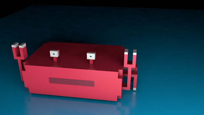 Pixelated red crab on a blue surface