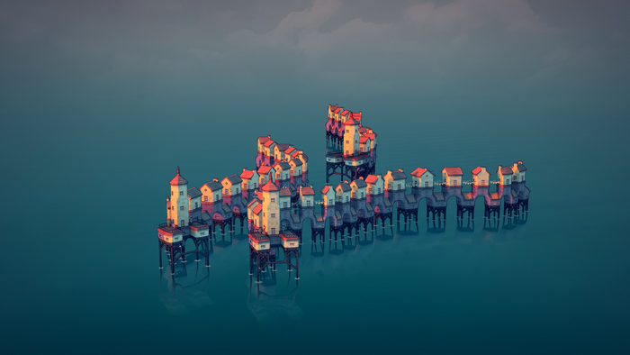 Townscaper video game art of stilted houses on water