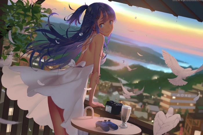 Anime girl with blue hair and dress on balcony