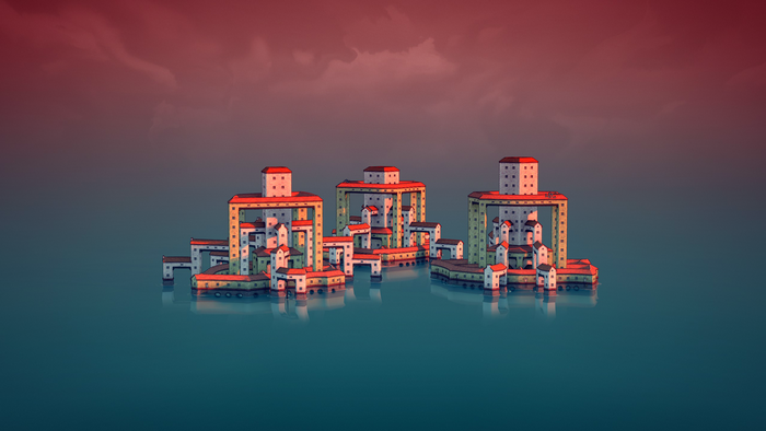 Townscaper video game art of a floating city