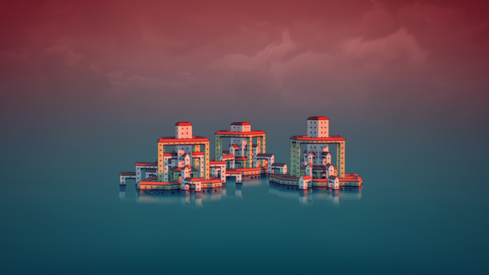 Stylized island city with abstract architecture