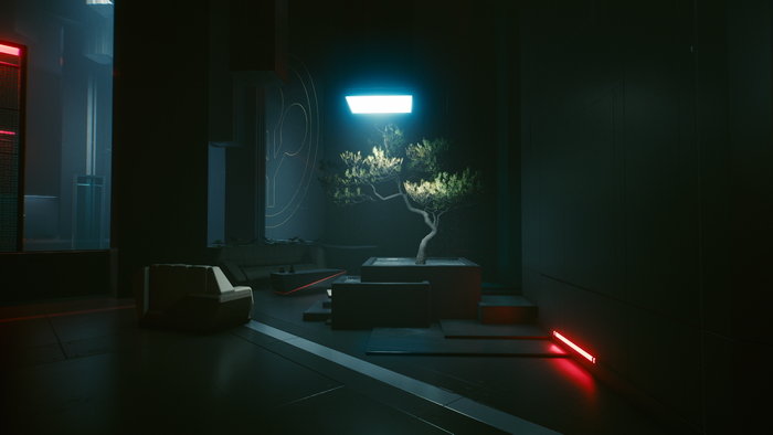Cyberpunk 2077 Arasaka interior with bonsai tree