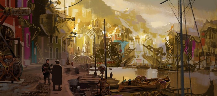 Steampunk harbor with ships and buildings