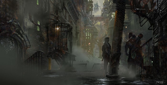 Steampunk city street with figures