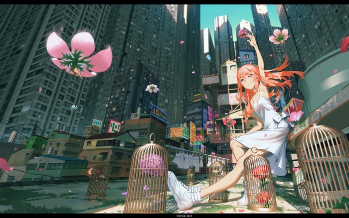 Anime girl with flowers in a cityscape