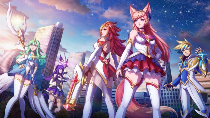 Star Guardian League of Legends characters in a city