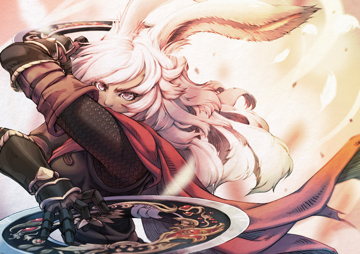 Anime girl with white hair and animal ears holding chakram
