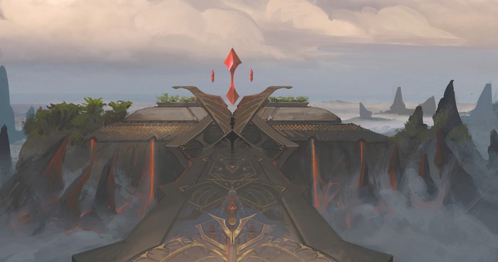 Fantasy landscape with floating crystals and ancient architecture
