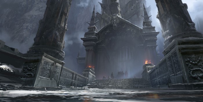 Fantasy art of a dark, snowy castle entrance