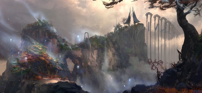 Fantasy landscape with ancient ruins and glowing lights