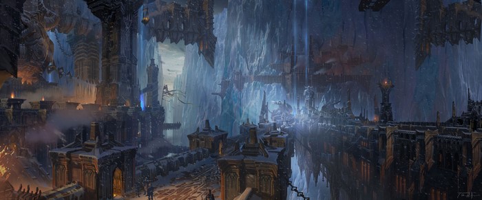 Fantasy art of a dark, icy, mountainous city