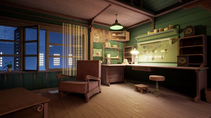 Steampunk workshop with gears, clocks, and a workbench