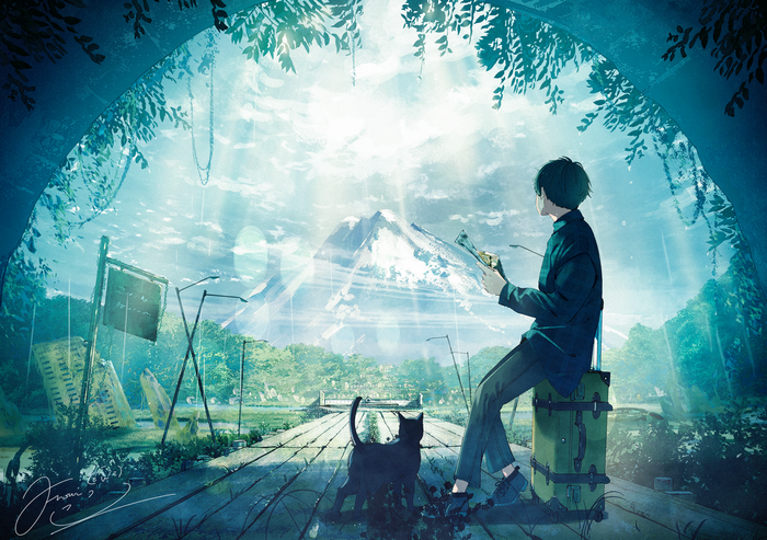 Anime boy with cat and suitcase looking at mountain