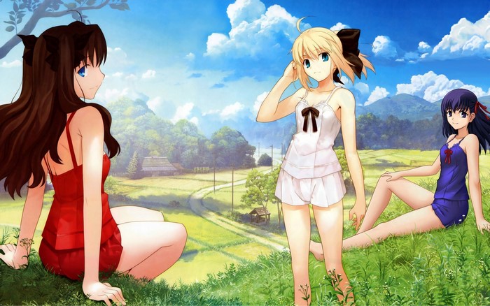 Three girls from Fate/Stay Night in a landscape