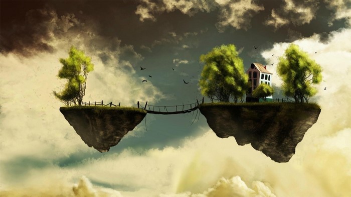 Floating islands with trees, a house, and a bridge