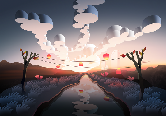 Fantasy landscape with river and lanterns at sunset