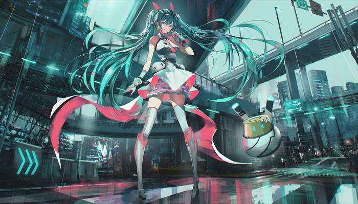 Hatsune Miku from Vocaloid in a futuristic city