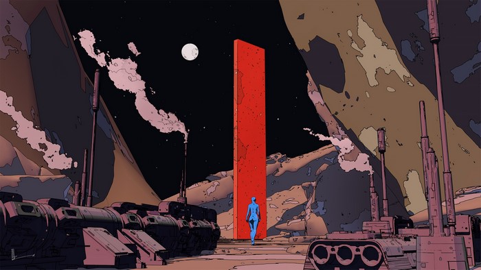 Blue figure approaches red monolith on alien planet
