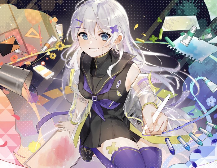 Anime girl with silver hair and blue eyes drawing