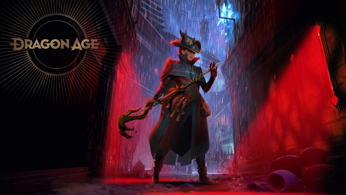 Dragon Age character with staff in a rainy city