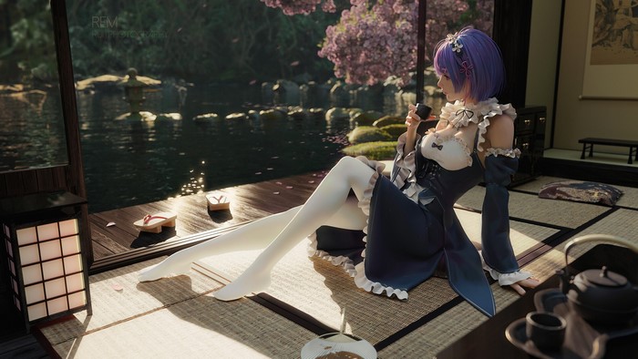Rem from Re:Zero in a Japanese garden