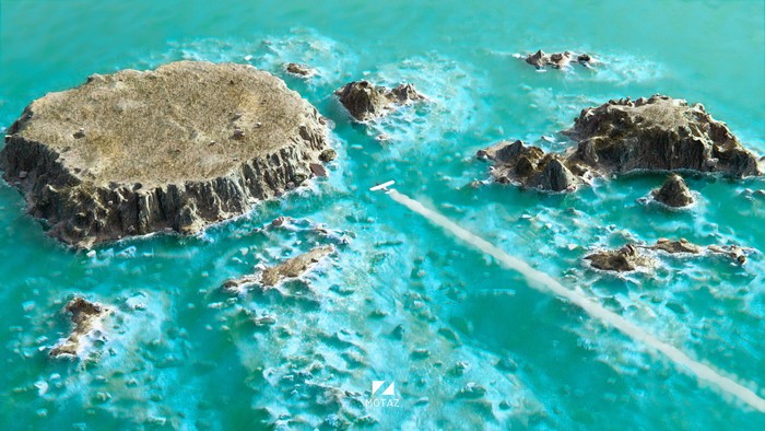 4K aerial view of a small plane flying over islands in turquoise water