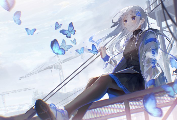 Anime girl with silver hair and blue eyes surrounded by butterflies