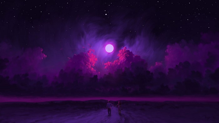 Couple holding hands under a purple moon and starry sky