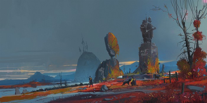 Statue in a desolate landscape with mountains