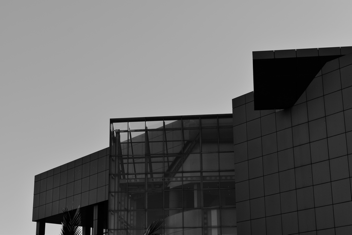 Modern architecture with glass facade and dark panels