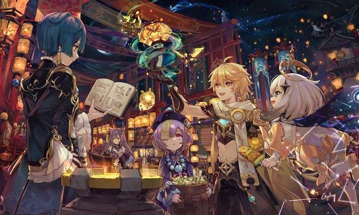 Aether, Xingqiu, Paimon, and Qiqi from Genshin Impact