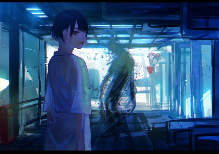 Anime girl with glitching spirit in futuristic hallway
