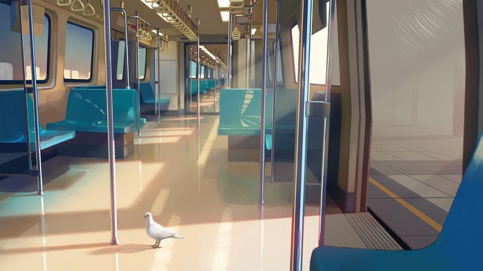 Interior of a subway train with a pigeon