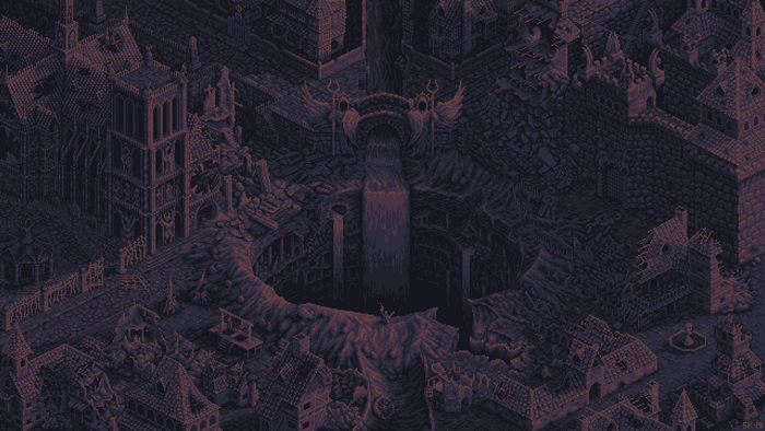 Pixel Art Fantasy City with Cathedral and Waterfall
