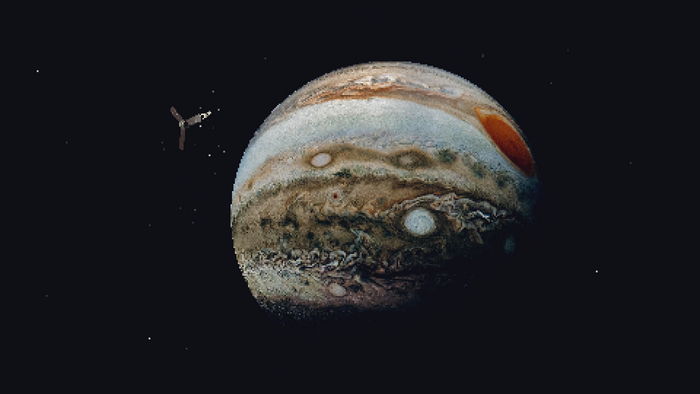Spaceship near Jupiter in pixel art style