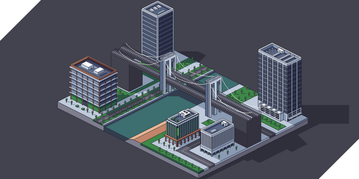 Pixel art city with bridge and river