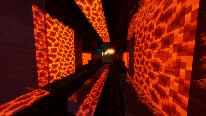 Minecraft hallway with lava and fire