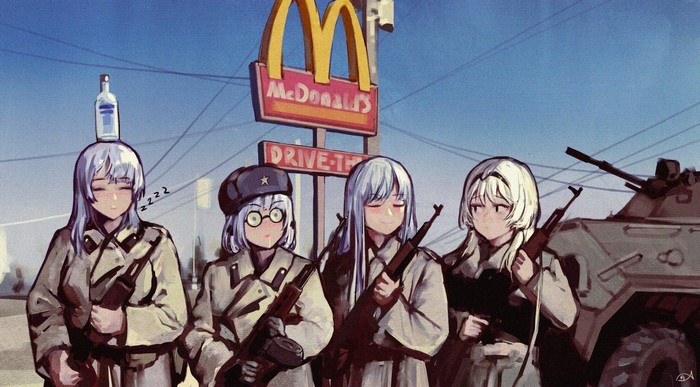 Girls Frontline characters at a McDonald's drive-thru with a BTR-80