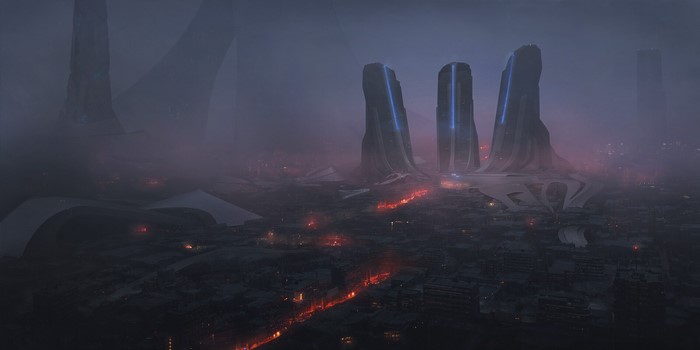 Futuristic Cityscape with Tall Structures by Andrei Khrutskii