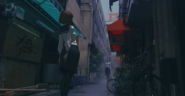 Schoolgirls in a dark alleyway with blood