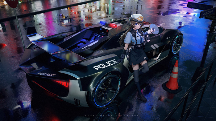 Police Girl with Futuristic Car on Wet City Street