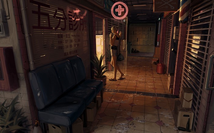 Artwork of a woman in an alleyway