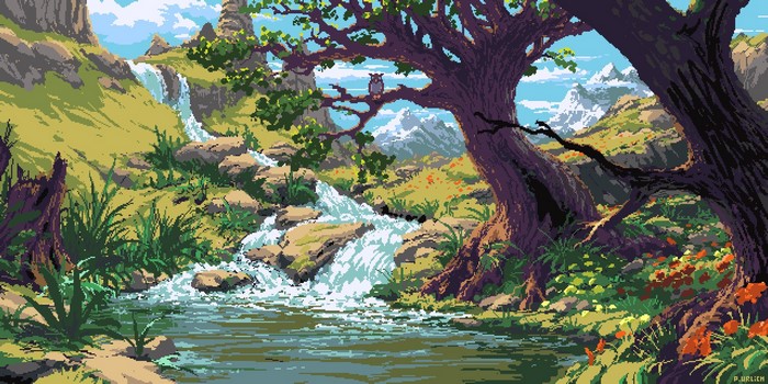 Pixel Art Landscape with Waterfall and Owl