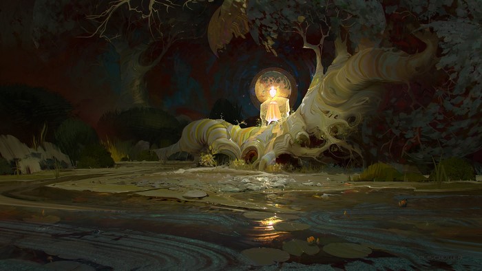 Painting of a glowing figure on a tree stump by Pierre-Alexandre Schuller
