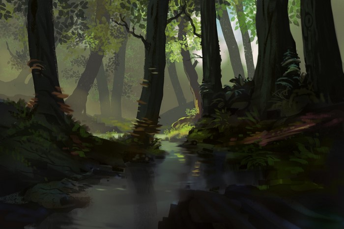 Digital art of a forest with a river