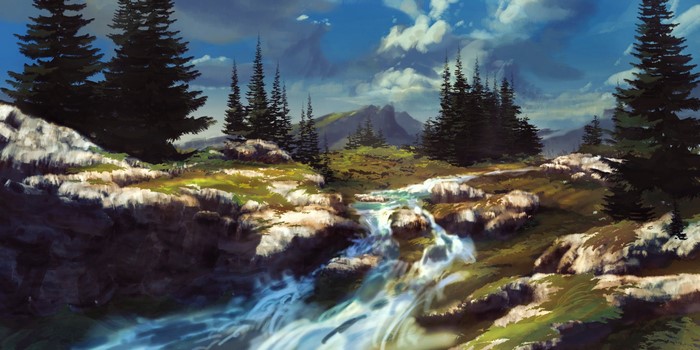 Artwork of a mountain stream with pine trees and clouds