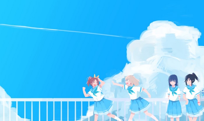Girls in school uniforms on a balcony with clouds and sky